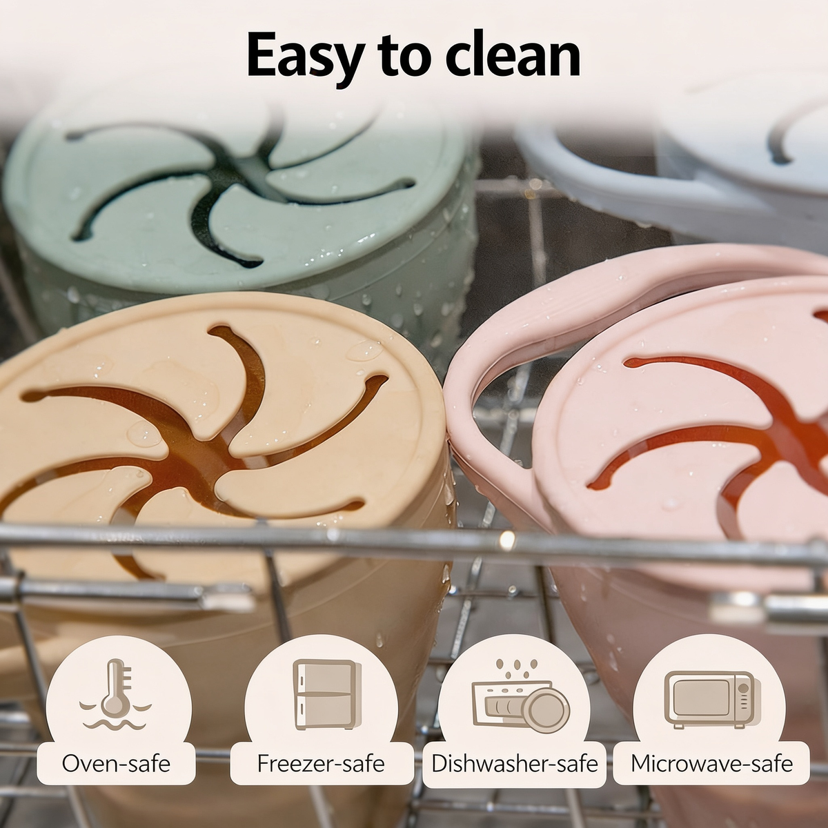 Easy to clean. Oven-safe. Freezer-safe. Dishwasher-safe. Microwave-safe
