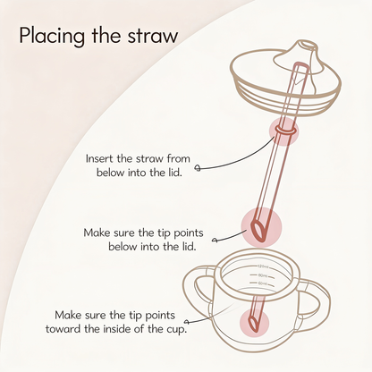 Placing the straw. Insert the straw from below into the lid.. Make sure the tip points toward the inside of the cup.