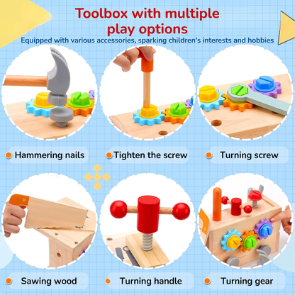 Toolbox with multiple play options. Equipped with various accessories, sparking children's interests and hobbies. Hammering nails. Tighten the screw. Turning screw. Sawing wood. Turning handle. Turning gear