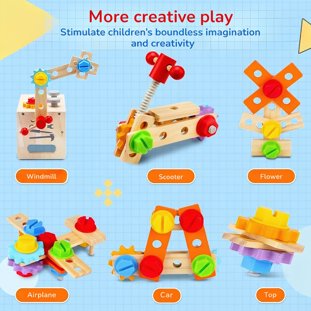 More creative play. Stimulate children's boundless imagination and creativity. Windmill. Scooter. Flower. Airplane. Car. Top