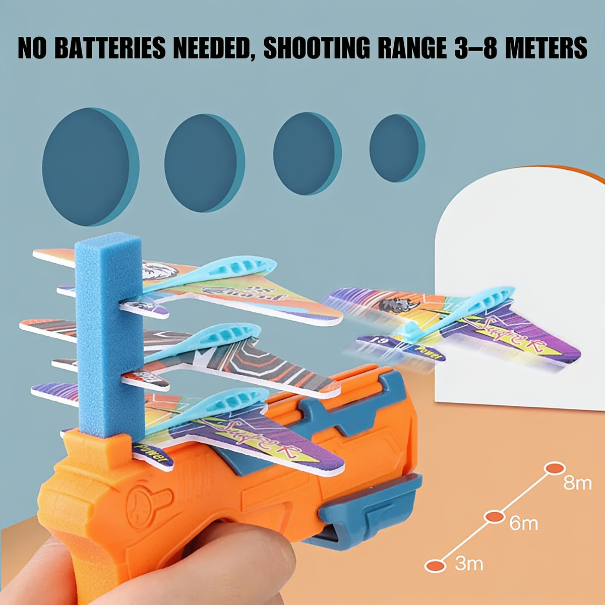NO BATTERIES NEEDED, SHOOTING RANGE 3–8 METERS. 8m. 6m. 3m