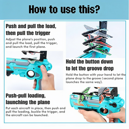 How to use this?. Push and pull the load, then pull the trigger. Adjust the plane's position, push and pull the load, pull the trigger, and launch the first plane.. Hold the button down to let the groove drop. Hold the button with your hand to let th