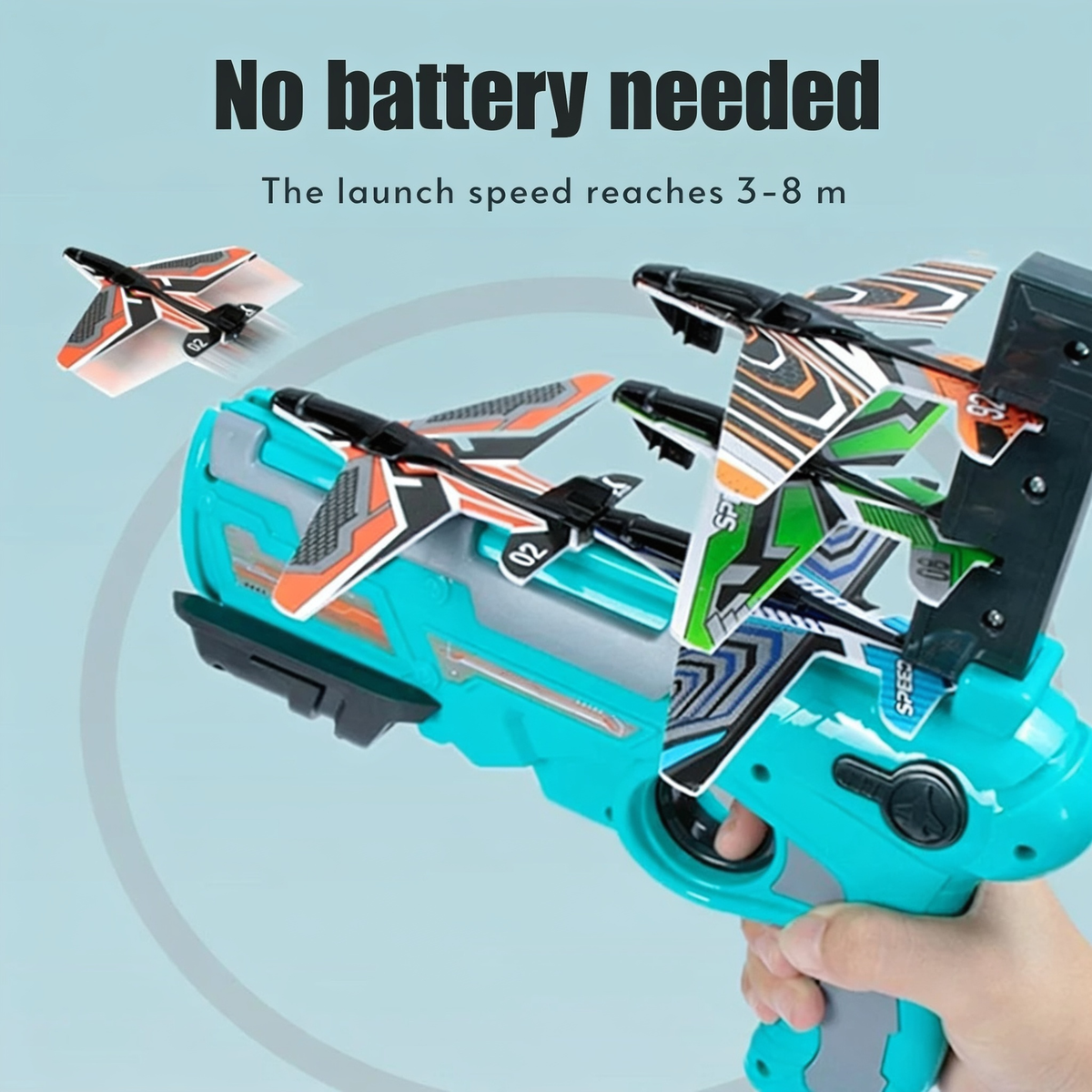 No battery needed. The launch speed reaches 3-8 m