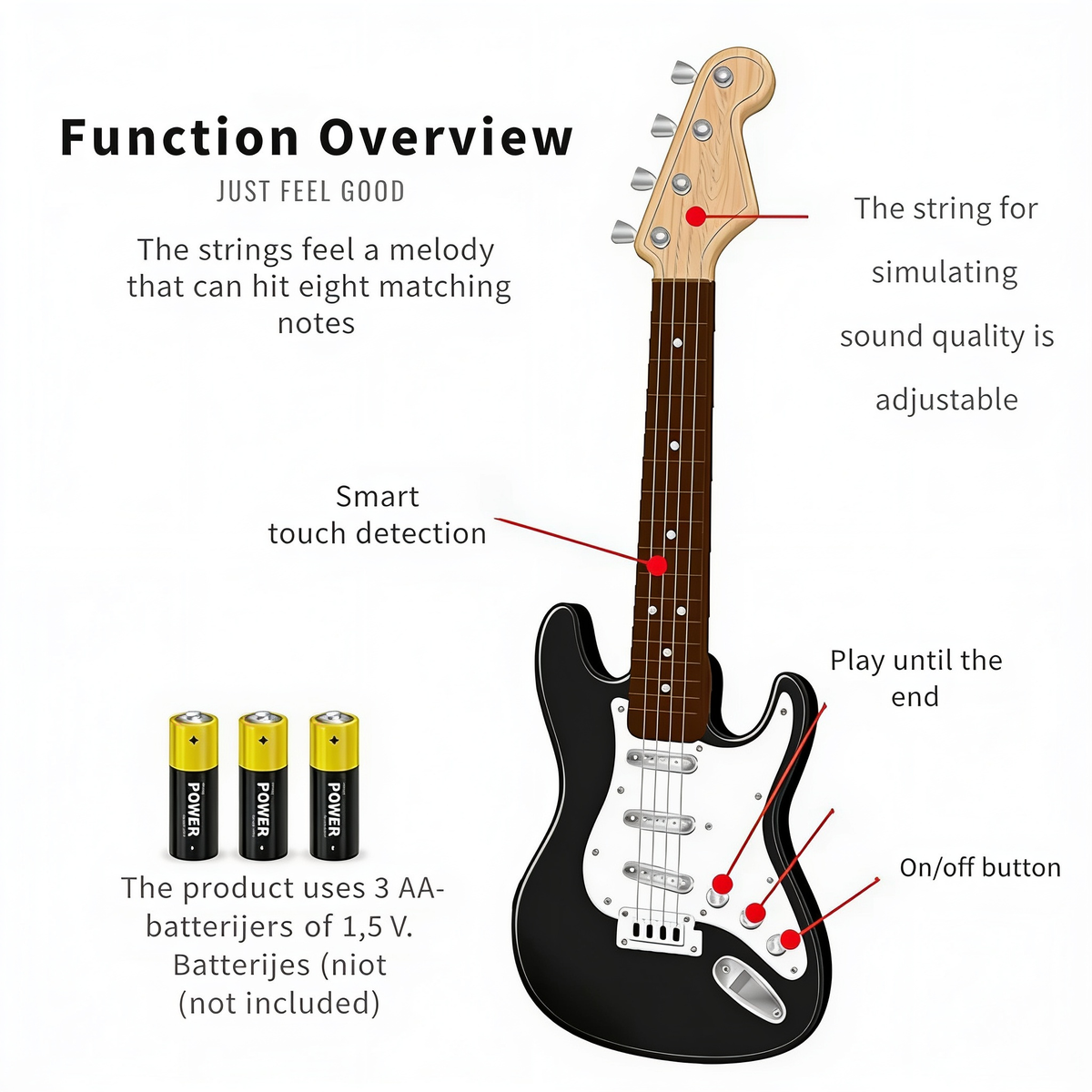 Function Overview. JUST FEEL GOOD. The strings feel a melody that can hit eight matching notes. The string for simulating sound quality is adjustable. Smart touch detection. Play until the end. Play music (8 songs). On/off button. The product uses 3 