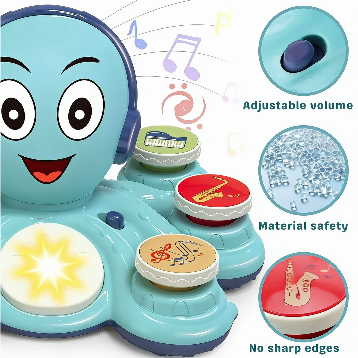 Adjustable volume. Material safety. No sharp edges