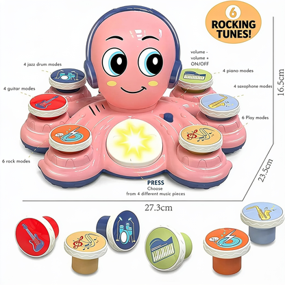6 ROCKING TUNES!. 4 jazz drum modes. 4 guitar modes. 6 rock modes. volume -
volume +
ON/OFF. 4 piano modes. 4 saxophone modes. 6 Play modes. PRESS
Choose from
4 different music pieces. 16.5cm. 23.5cm. 27.3cm