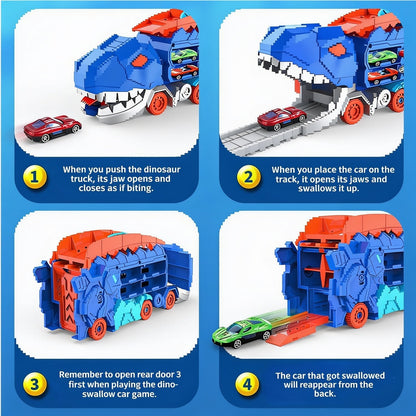 When you push the dinosaur truck, its jaw opens and closes as if biting.. When you place the car on the track, it opens its jaws and swallows it up.. Remember to open rear door 3 first when playing the dino-swallow car game.. The car that got swallow