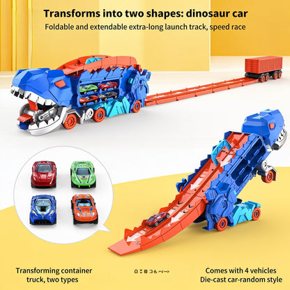 Transforms into two shapes: dinosaur car. Foldable and extendable extra-long launch track, speed race. Transforming container truck, two types. Comes with 4 vehicles. Die-cast car - random style
