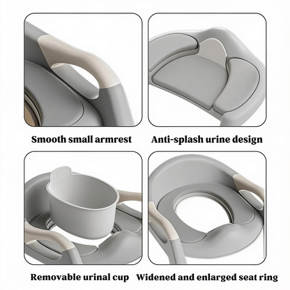 Smooth small armrest. Anti-splash urine design. Removable urinal cup. Widened and enlarged seat ring