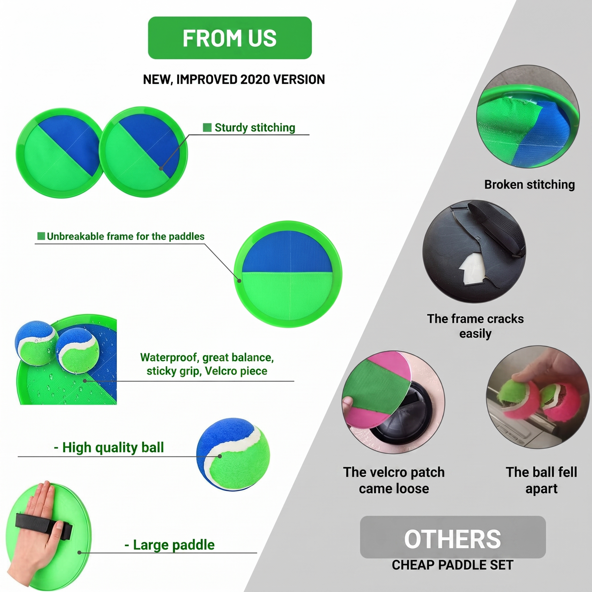 FROM US. NEW, IMPROVED 2020 VERSION. Sturdy stitching. Unbreakable frame for the paddles. Waterproof, great balance, sticky grip, Velcro piece. - High quality ball. - Large paddle. Broken stitching. The frame cracks easily. The velcro patch came loos