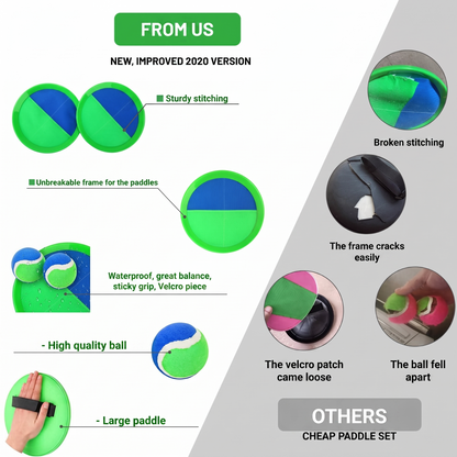 FROM US. NEW, IMPROVED 2020 VERSION. Sturdy stitching. Unbreakable frame for the paddles. Waterproof, great balance, sticky grip, Velcro piece. - High quality ball. - Large paddle. Broken stitching. The frame cracks easily. The velcro patch came loos