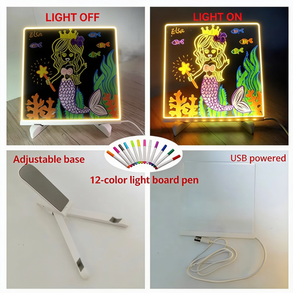 LIGHT OFF. LIGHT ON. Adjustable base. USB powered. 12-color light board pen