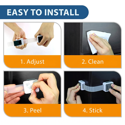 EASY TO INSTALL. 1. Adjust. 2. Clean. 3. Peel. 4. Stick