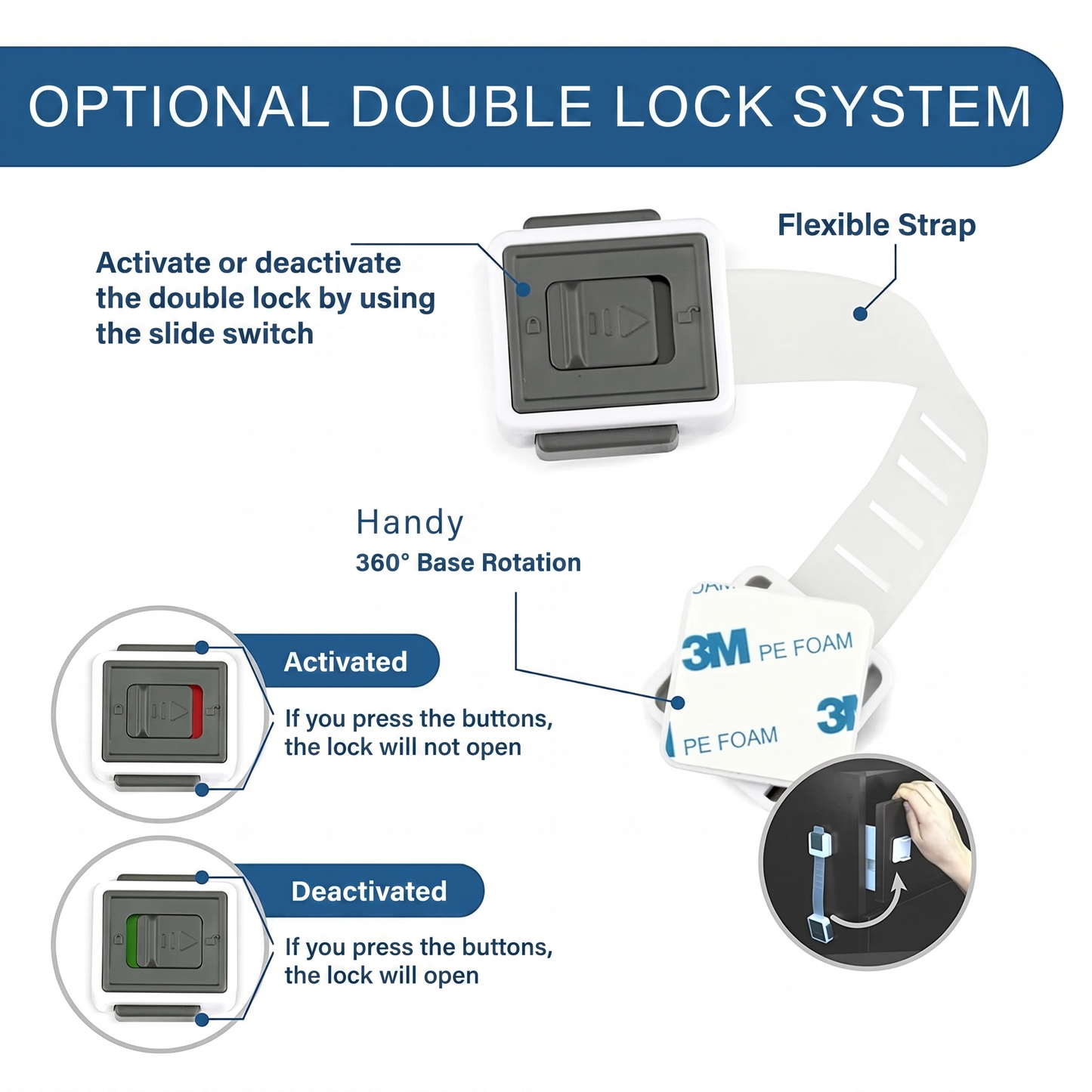 OPTIONAL DOUBLE LOCK SYSTEM. Activate or deactivate the double lock by using the slide switch. Flexible Strap. Handy. 360° Base Rotation. Activated. If you press the buttons, the lock will not open. Deactivated. If you press the buttons, the lock wil