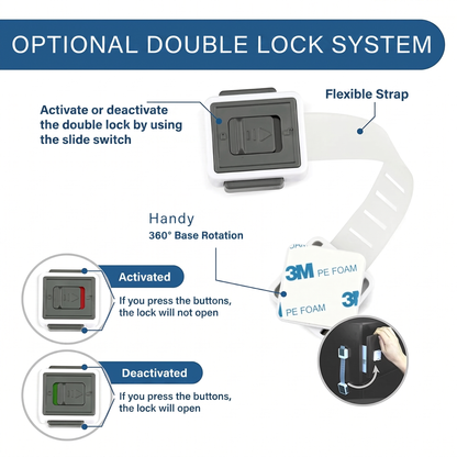 OPTIONAL DOUBLE LOCK SYSTEM. Activate or deactivate the double lock by using the slide switch. Flexible Strap. Handy. 360° Base Rotation. Activated. If you press the buttons, the lock will not open. Deactivated. If you press the buttons, the lock wil