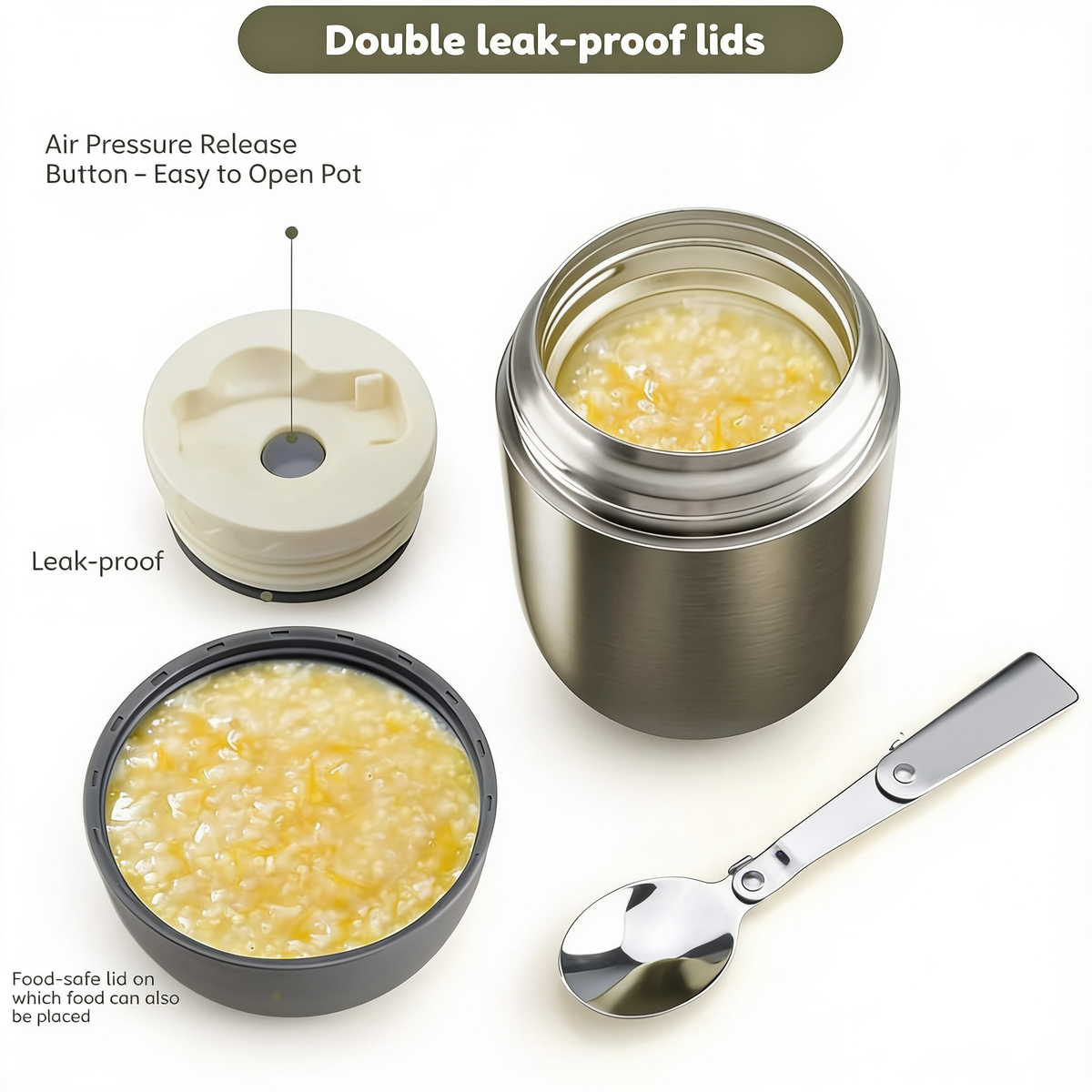 Double leak-proof lids. Air Pressure Release Button – Easy to Open Pot. Leak-proof. Food-safe lid on which food can also be placed