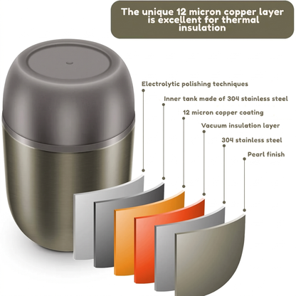 The unique 12 micron copper layer is excellent for thermal insulation. Electrolytic polishing techniques. Inner tank made of 304 stainless steel. 12 micron copper coating. Vacuum insulation layer. 304 stainless steel. Pearl finish